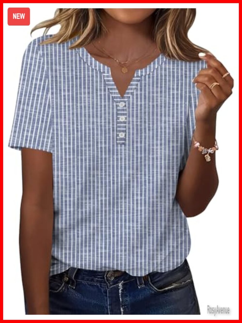 Womens V-Neck Button Short Sleeve Blouse Striped Dressy Casual Top